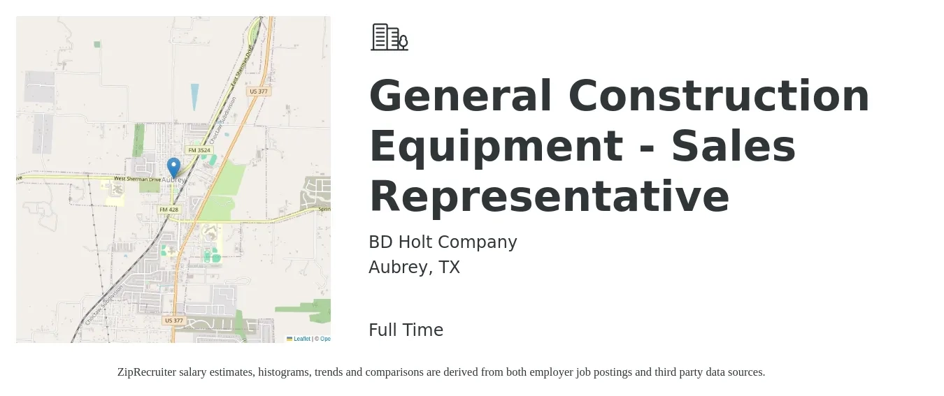 BD Holt Company job posting for a General Construction Equipment - Sales Representative in Aubrey, TX with a salary of $54,500 to $87,800 Yearly with a map of Aubrey location.