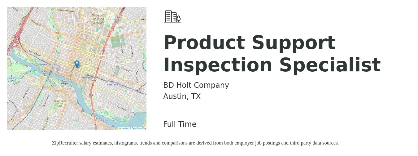 BD Holt Company job posting for a Product Support Inspection Specialist in Austin, TX with a salary of $20 to $31 Hourly with a map of Austin location.