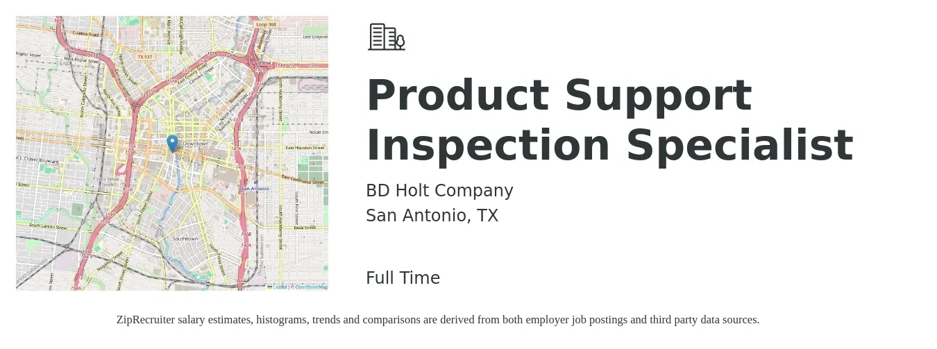 BD Holt Company job posting for a Product Support Inspection Specialist in San Antonio, TX with a salary of $18 to $27 Hourly with a map of San Antonio location.