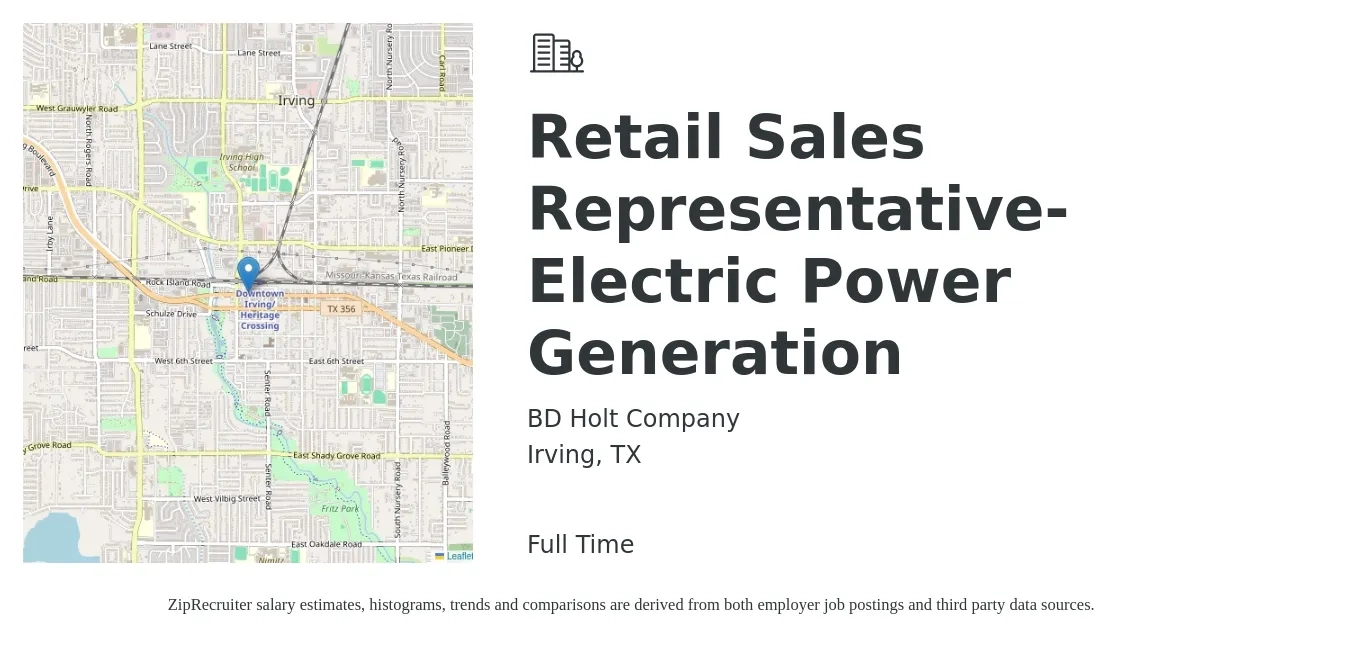 BD Holt Company job posting for a Retail Sales Representative-Electric Power Generation in Irving, TX with a salary of $14 to $21 Hourly with a map of Irving location.