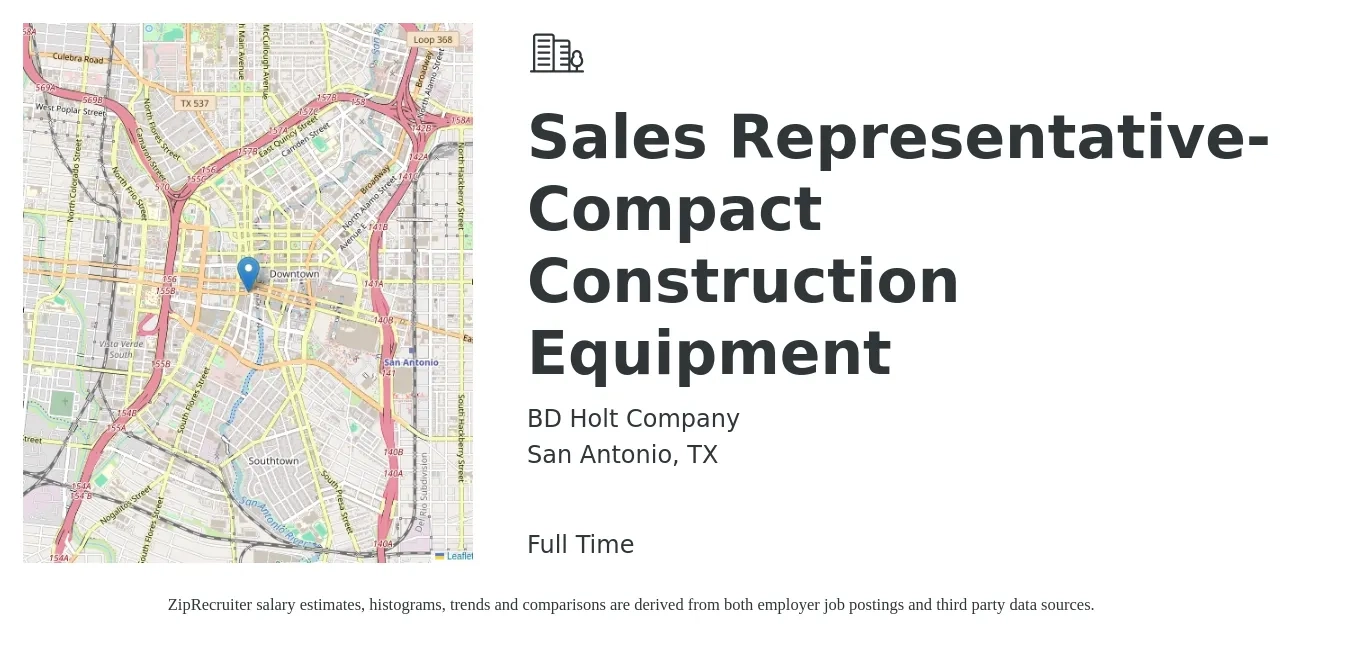 BD Holt Company job posting for a Sales Representative-Compact Construction Equipment in San Antonio, TX with a salary of $46,300 to $80,500 Yearly with a map of San Antonio location.
