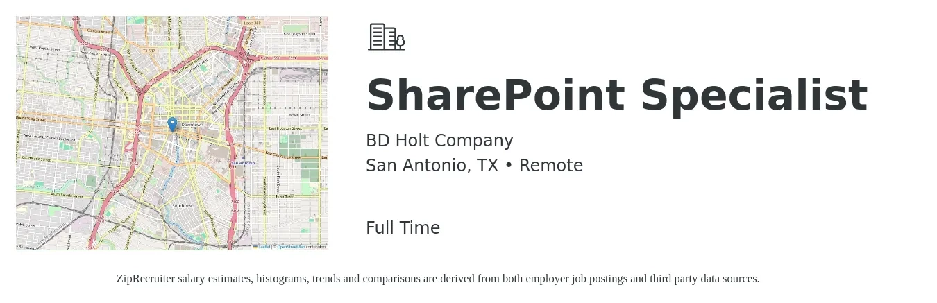 BD Holt Company job posting for a Sharepoint Specialist in San Antonio, TX with a salary of $33,700 to $52,300 Yearly with a map of San Antonio location.