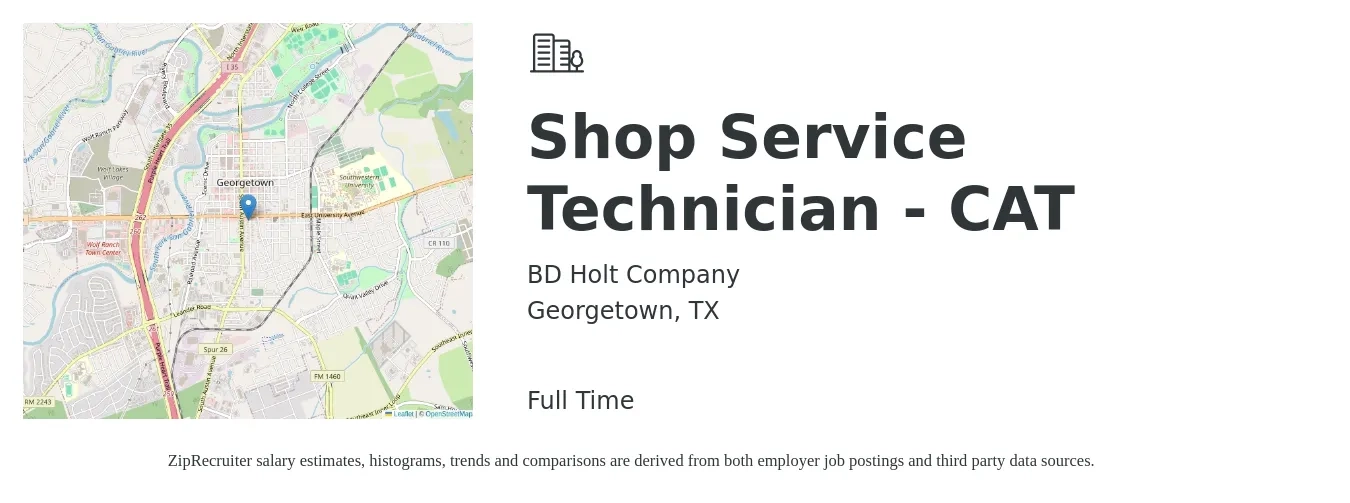 BD Holt Company job posting for a Shop Service Technician - CAT in Georgetown, TX with a salary of $17 to $23 Hourly with a map of Georgetown location.