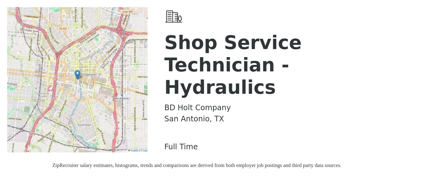 BD Holt Company job posting for a Shop Service Technician - Hydraulics in San Antonio, TX with a salary of $16 to $21 Hourly with a map of San Antonio location.