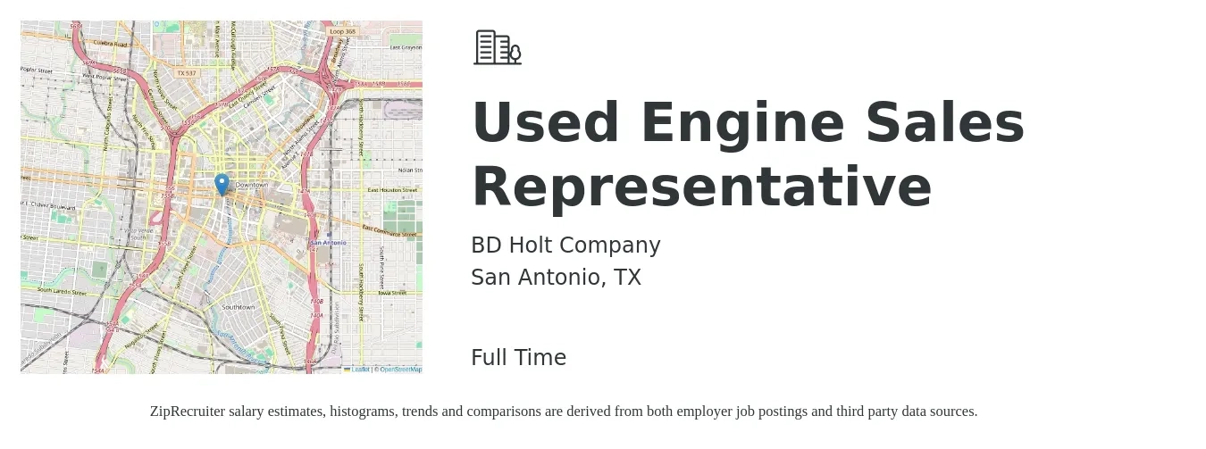 BD Holt Company job posting for a Used Engine Sales Representative in San Antonio, TX with a salary of $34,600 Yearly with a map of San Antonio location.