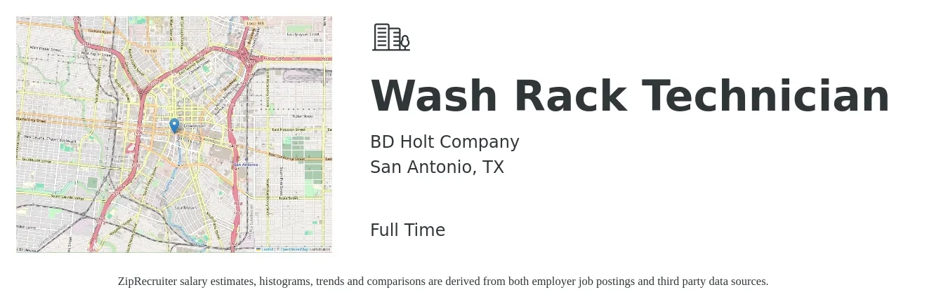 BD Holt Company job posting for a Wash Rack Technician in San Antonio, TX with a salary of $17 to $26 Hourly with a map of San Antonio location.