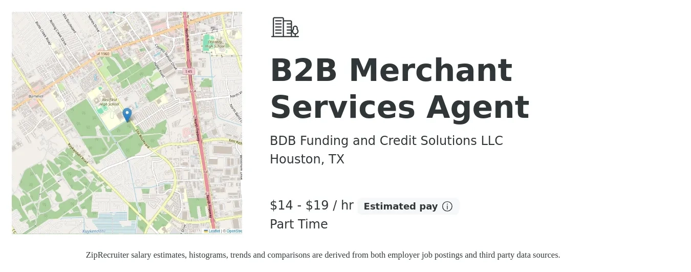 BDB Funding and Credit Solutions LLC job posting for a B2B Merchant Services Agent in Houston, TX with a salary of $15 to $20 Hourly (plus commission) with a map of Houston location.