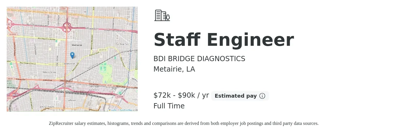 BDI BRIDGE DIAGNOSTICS job posting for a Staff Engineer in Metairie, LA with a salary of $72,500 to $90,000 Yearly with a map of Metairie location.