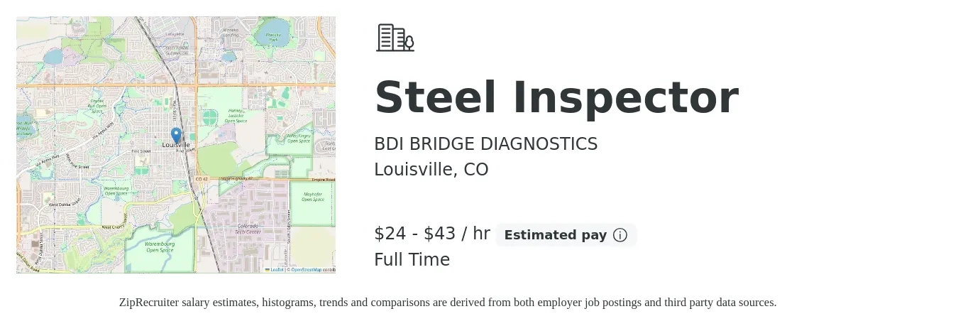 BDI BRIDGE DIAGNOSTICS job posting for a Steel Inspector in Louisville, CO with a salary of $25 to $45 Hourly with a map of Louisville location.