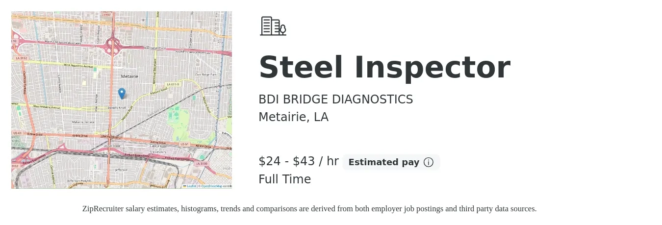 BDI BRIDGE DIAGNOSTICS job posting for a Steel Inspector in Metairie, LA with a salary of $25 to $45 Hourly with a map of Metairie location.