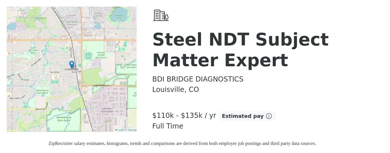 BDI BRIDGE DIAGNOSTICS job posting for a Steel NDT Subject Matter Expert in Louisville, CO with a salary of $110,000 to $135,000 Yearly with a map of Louisville location.