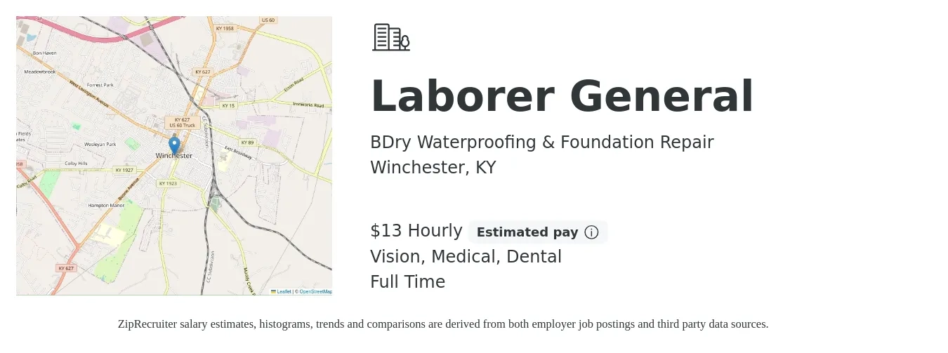 BDry Waterproofing & Foundation Repair job posting for a Laborer General in Winchester, KY with a salary of $14 Hourly and benefits including dental, medical, and vision with a map of Winchester location.