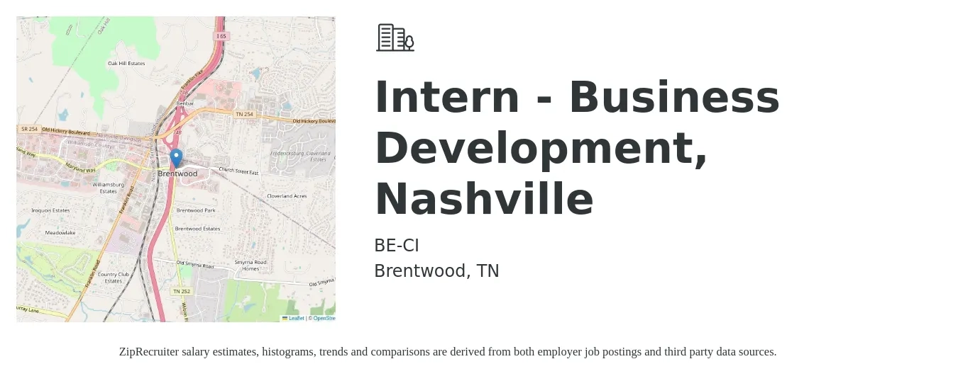 BECI job posting for a Intern - Business Development, Nashville in Brentwood, TN with a salary of $16 to $22 Hourly with a map of Brentwood location.