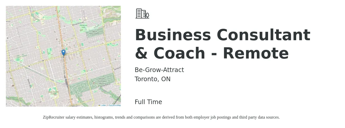 Be-Grow-Attract job posting for a Business Consultant & Coach - Remote in Toronto, ON with a map of Toronto location.