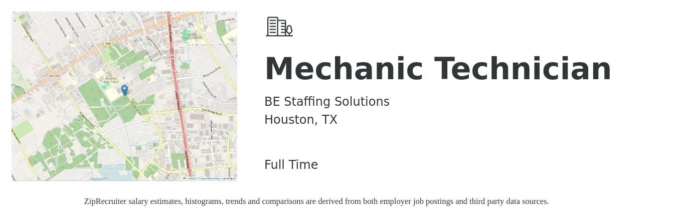 BE Staffing Solutions job posting for a Mechanic Technician in Houston, TX with a salary of $20 to $27 Hourly with a map of Houston location.