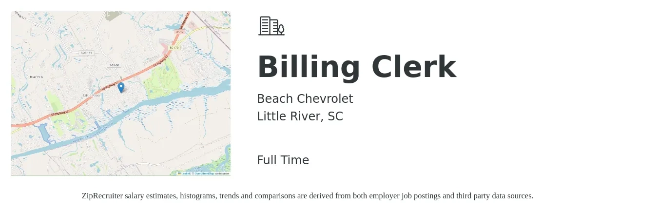 Beach Chevrolet job posting for a Billing Clerk in Little River, SC with a salary of $17 to $22 Hourly with a map of Little River location.