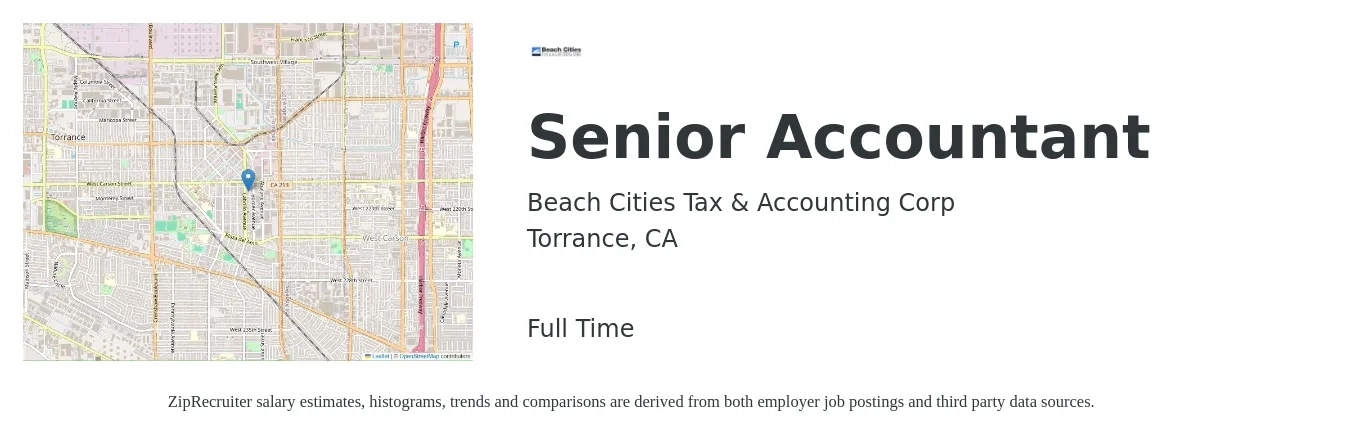 Beach Cities Tax & Accounting Corp job posting for a Senior Accountant in Torrance, CA with a salary of $85,000 to $90,000 Yearly with a map of Torrance location.