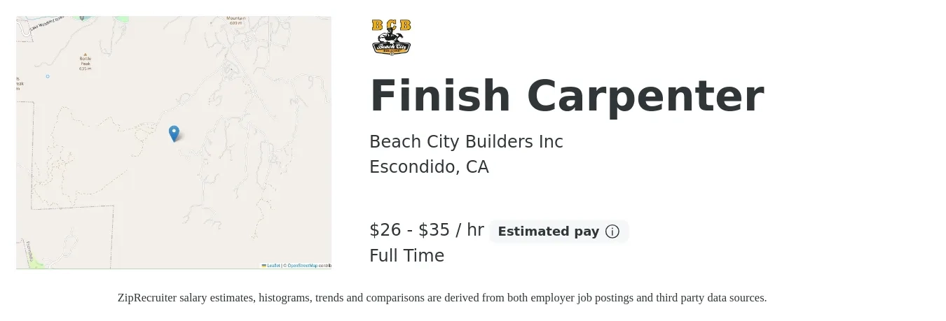 Beach City Builders Inc job posting for a Finish Carpenter in Escondido, CA with a salary of $28 to $37 Hourly with a map of Escondido location.