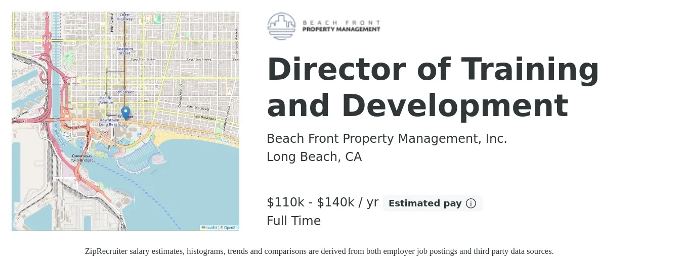 Beach Front Property Management, Inc. job posting for a Director of Training and Development in Long Beach, CA with a salary of $110,000 to $140,000 Yearly with a map of Long Beach location.