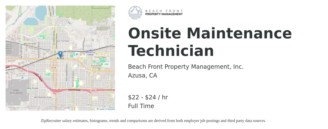 Beach Front Property Management, Inc. job posting for a Onsite Maintenance Technician in Azusa, CA with a salary of $23 to $25 Hourly with a map of Azusa location.