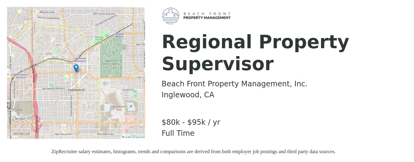 Beach Front Property Management, Inc. job posting for a Regional Property Supervisor in Inglewood, CA with a salary of $80,000 to $95,000 Yearly with a map of Inglewood location.