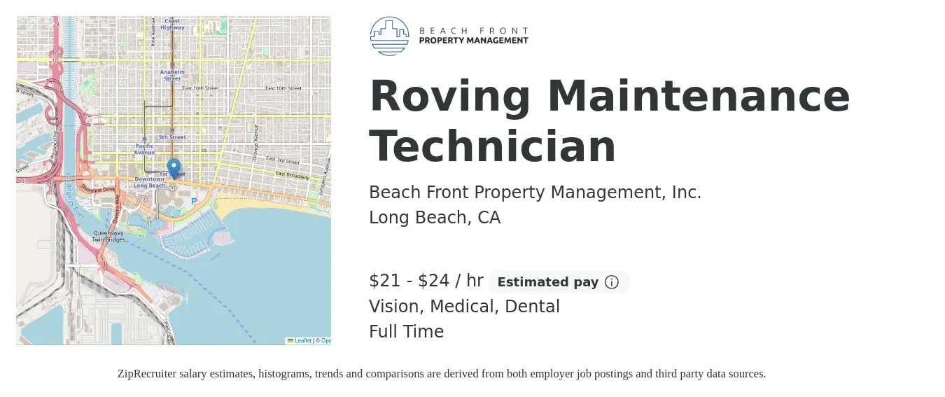 Beach Front Property Management, Inc. job posting for a Roving Maintenance Technician in Long Beach, CA with a salary of $20 to $25 Hourly with a map of Long Beach location.