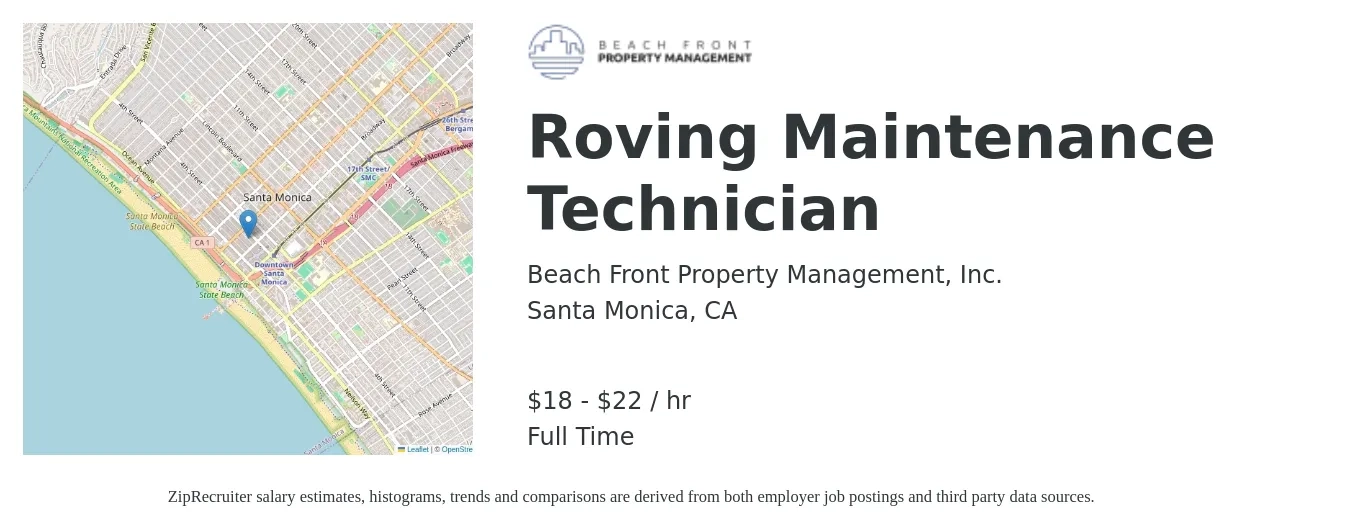 Beach Front Property Management, Inc. job posting for a Roving Maintenance Technician in Santa Monica, CA with a salary of $19 to $23 Hourly with a map of Santa Monica location.