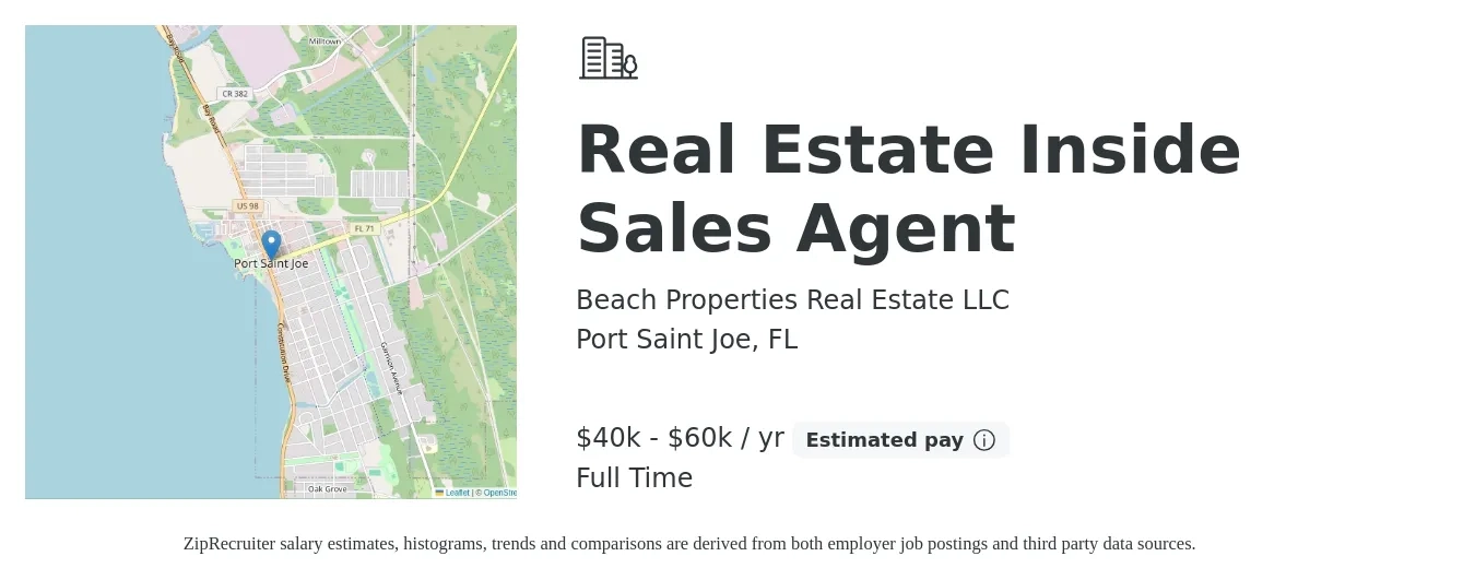 Beach Properties Real Estate LLC job posting for a Real Estate Inside Sales Agent in Port Saint Joe, FL with a salary of $40,000 to $60,000 Yearly with a map of Port Saint Joe location.