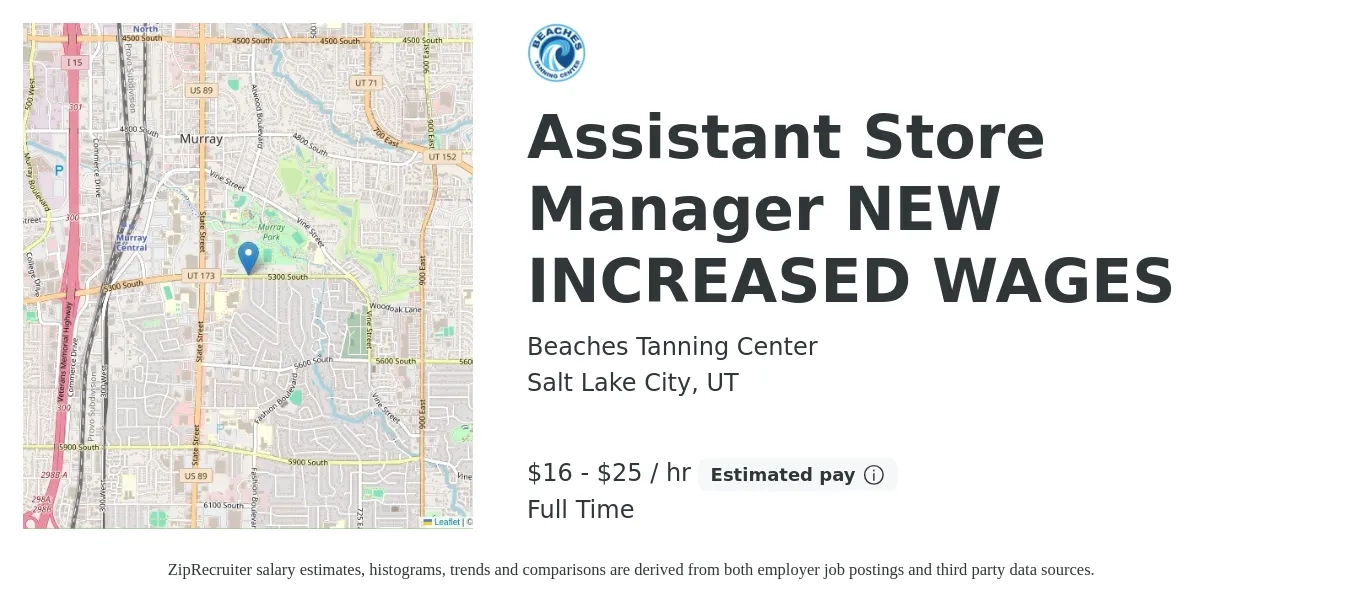 Beaches Tanning Center job posting for a Assistant Store Manager NEW INCREASED WAGES in Salt Lake City, UT with a salary of $17 to $27 Hourly with a map of Salt Lake City location.