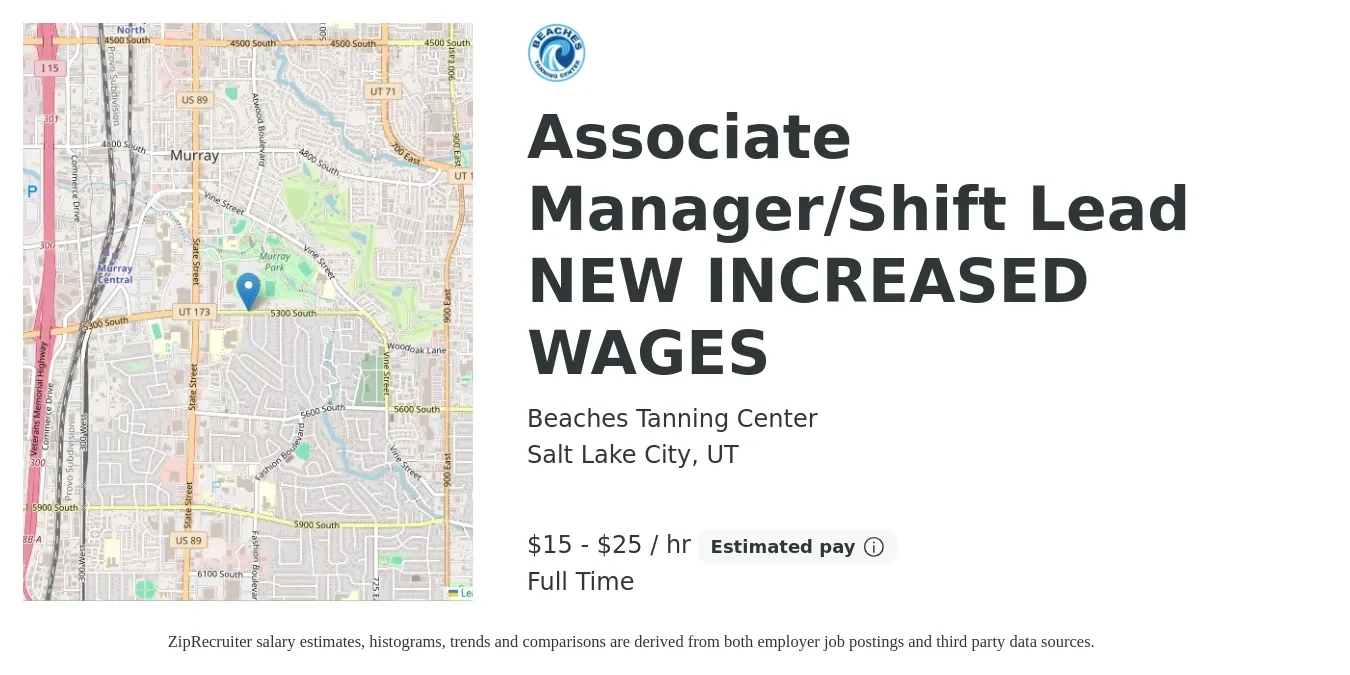 Beaches Tanning Center job posting for a Associate Manager/Shift Lead NEW INCREASED WAGES in Salt Lake City, UT with a salary of $16 to $26 Hourly with a map of Salt Lake City location.