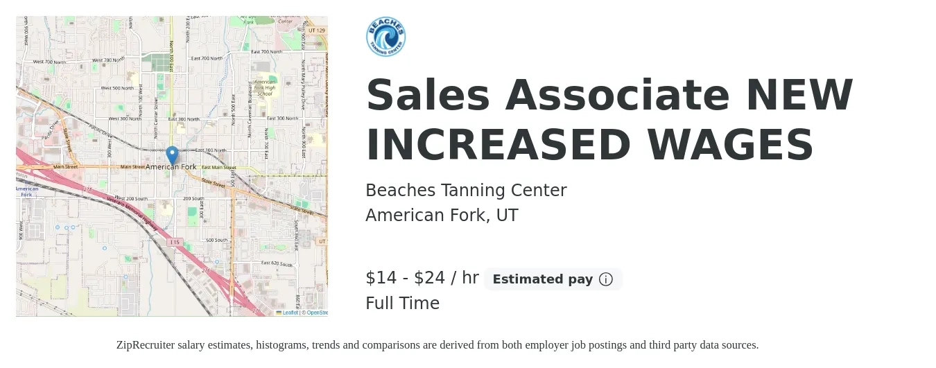 Beaches Tanning Center job posting for a Sales Associate NEW INCREASED WAGES in American Fork, UT with a salary of $15 to $25 Hourly with a map of American Fork location.