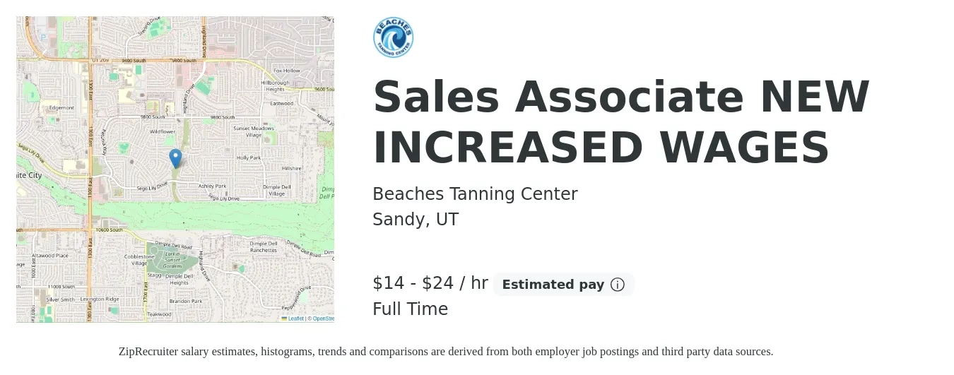 Beaches Tanning Center job posting for a Sales Associate NEW INCREASED WAGES in Sandy, UT with a salary of $15 to $25 Hourly with a map of Sandy location.