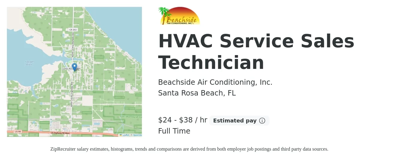 Beachside Air Conditioning, Inc. job posting for a HVAC Service Sales Technician in Santa Rosa Beach, FL with a salary of $25 to $40 Hourly with a map of Santa Rosa Beach location.