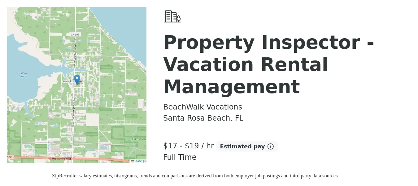 BeachWalk Vacations job posting for a Property Inspector - Vacation Rental Management in Santa Rosa Beach, FL with a salary of $18 to $20 Hourly with a map of Santa Rosa Beach location.