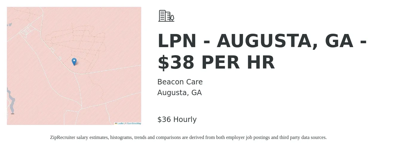 Beacon Care job posting for a LPN - AUGUSTA, GA - $38 PER HR in Augusta, GA with a salary of $38 Hourly with a map of Augusta location.