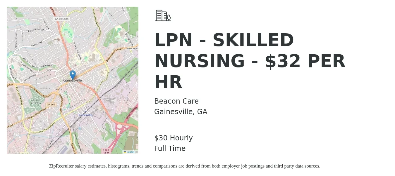 Beacon Care job posting for a LPN - SKILLED NURSING - $32 PER HR in Gainesville, GA with a salary of $32 Hourly with a map of Gainesville location.