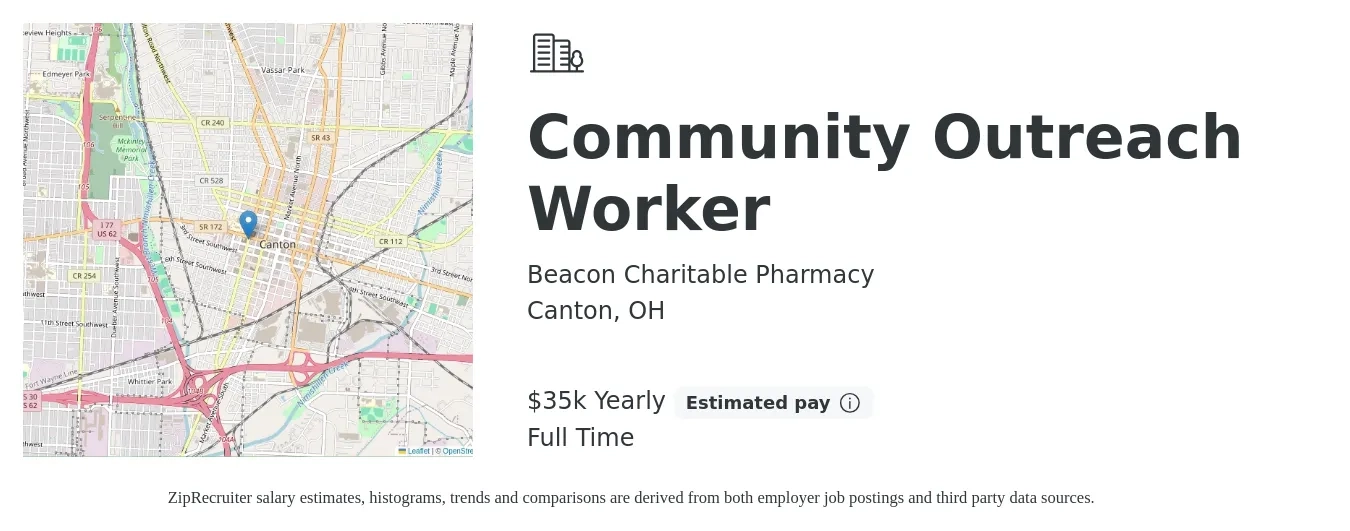 Beacon Charitable Pharmacy job posting for a Community Outreach Worker in Canton, OH with a salary of $35,000 Yearly with a map of Canton location.