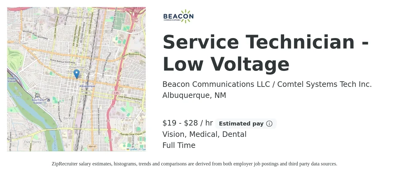 Beacon Communications LLC / Comtel Systems Tech Inc. job posting for a Service Technician - Low Voltage in Albuquerque, NM with a salary of $20 to $30 Hourly and benefits including dental, life_insurance, medical, pto, retirement, and vision with a map of Albuquerque location.
