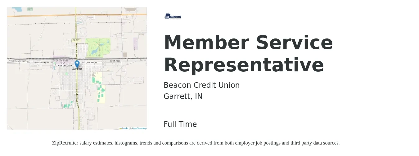 Beacon Credit Union job posting for a Member Service Representative in Garrett, IN with a salary of $12 to $18 Hourly with a map of Garrett location.