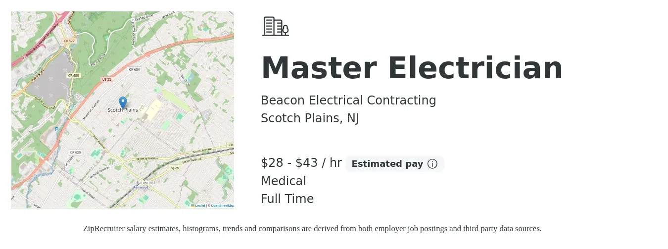 Beacon Electrical Contracting job posting for a Master Electrician in Scotch Plains, NJ with a salary of $30 to $45 Hourly and benefits including medical, and pto with a map of Scotch Plains location.