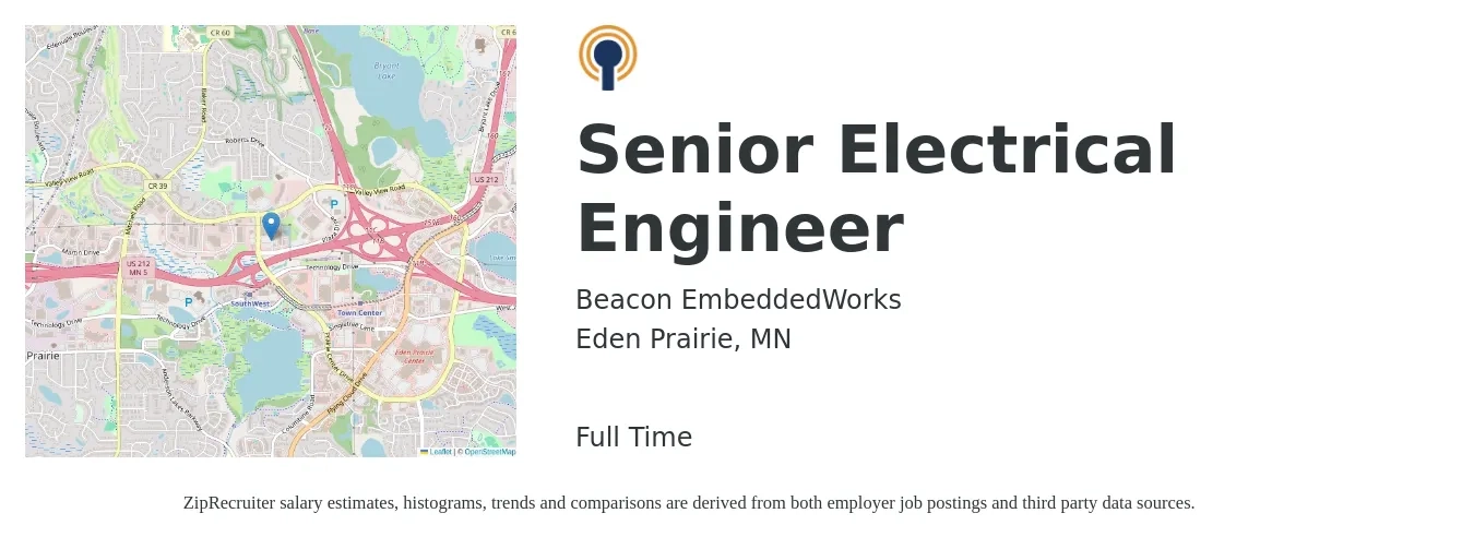 Beacon EmbeddedWorks job posting for a Senior Electrical Engineer in Eden Prairie, MN with a salary of $109,700 to $142,900 Yearly with a map of Eden Prairie location.
