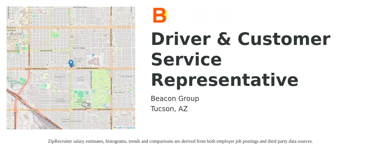 Beacon Group job posting for a Driver & Customer Service Representative in Tucson, AZ with a salary of $14 to $20 Hourly with a map of Tucson location.