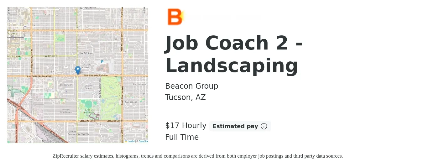 Beacon Group job posting for a Job Coach 2 - Landscaping in Tucson, AZ with a salary of $15 to $19 Hourly with a map of Tucson location.