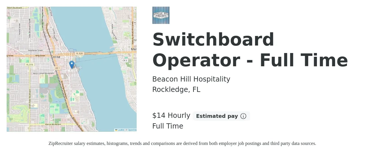 Beacon Hill Hospitality job posting for a Switchboard Operator - Full Time in Rockledge, FL with a salary of $15 Hourly with a map of Rockledge location.