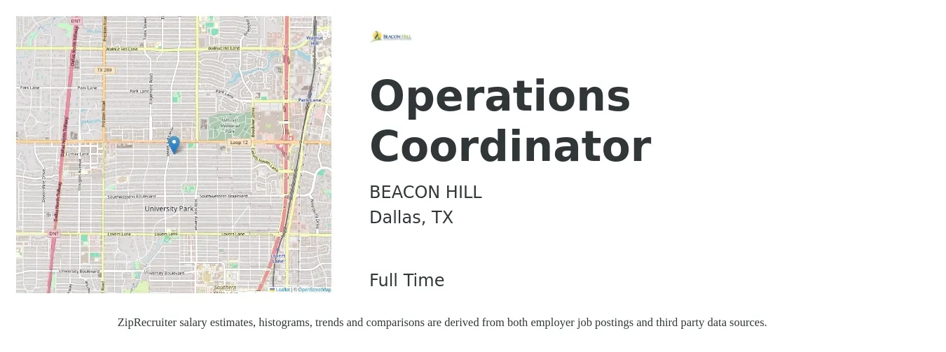 BEACON HILL job posting for a Operations Coordinator in Dallas, TX with a salary of $19 to $22 Hourly with a map of Dallas location.