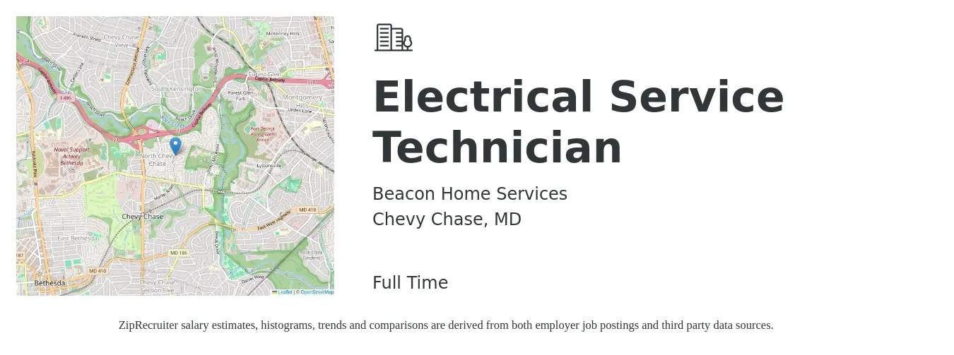 Beacon Home Services job posting for a Electrical Service Technician in Chevy Chase, MD with a salary of $28 to $37 Hourly with a map of Chevy Chase location.
