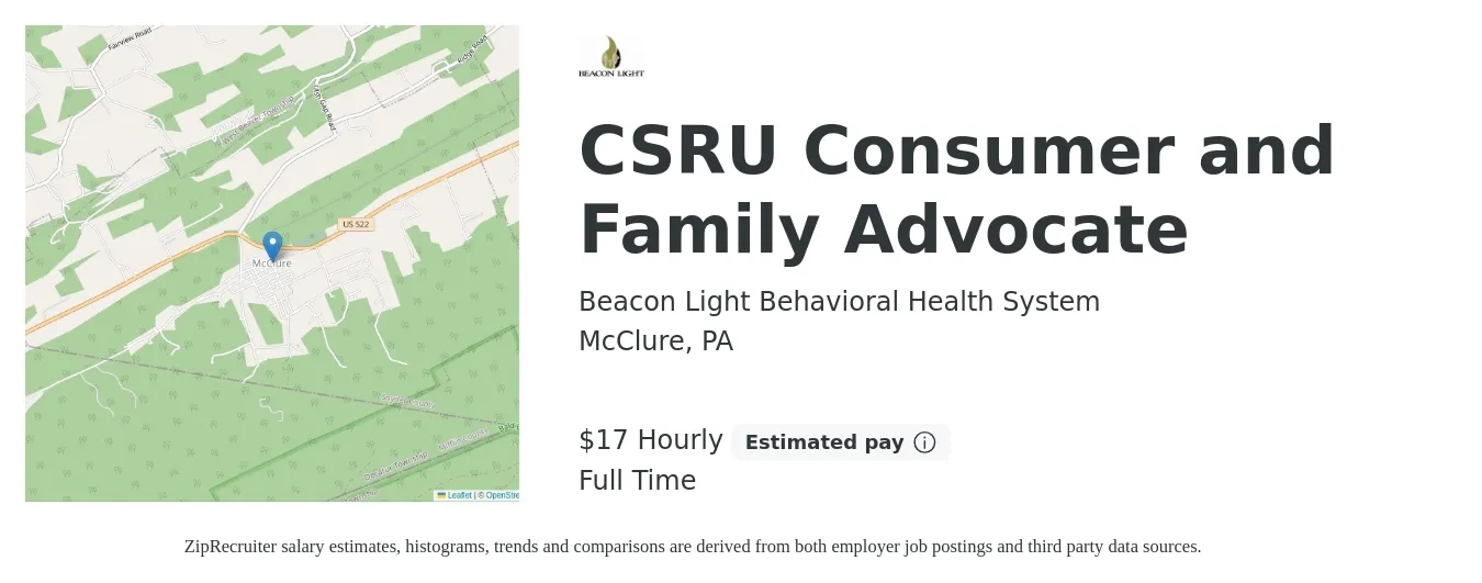 Beacon Light Behavioral Health System job posting for a CSRU Consumer and Family Advocate in McClure, PA with a salary of $18 Hourly with a map of McClure location.