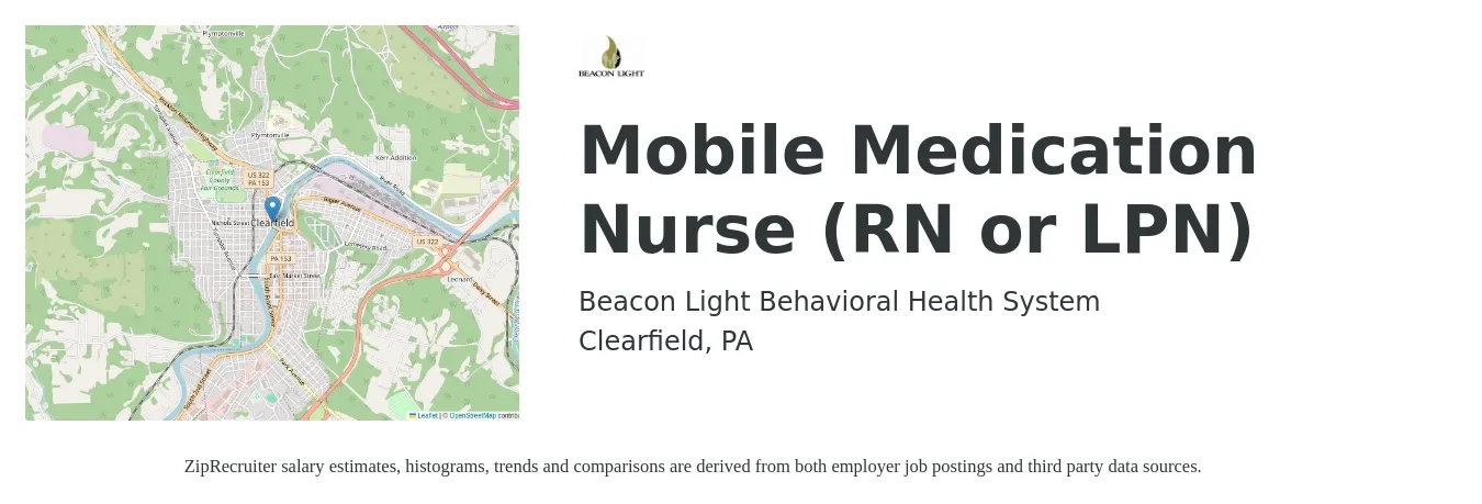 Beacon Light Behavioral Health System job posting for a Mobile Medication Nurse (RN or LPN) in Clearfield, PA with a salary of $27 to $40 Hourly with a map of Clearfield location.