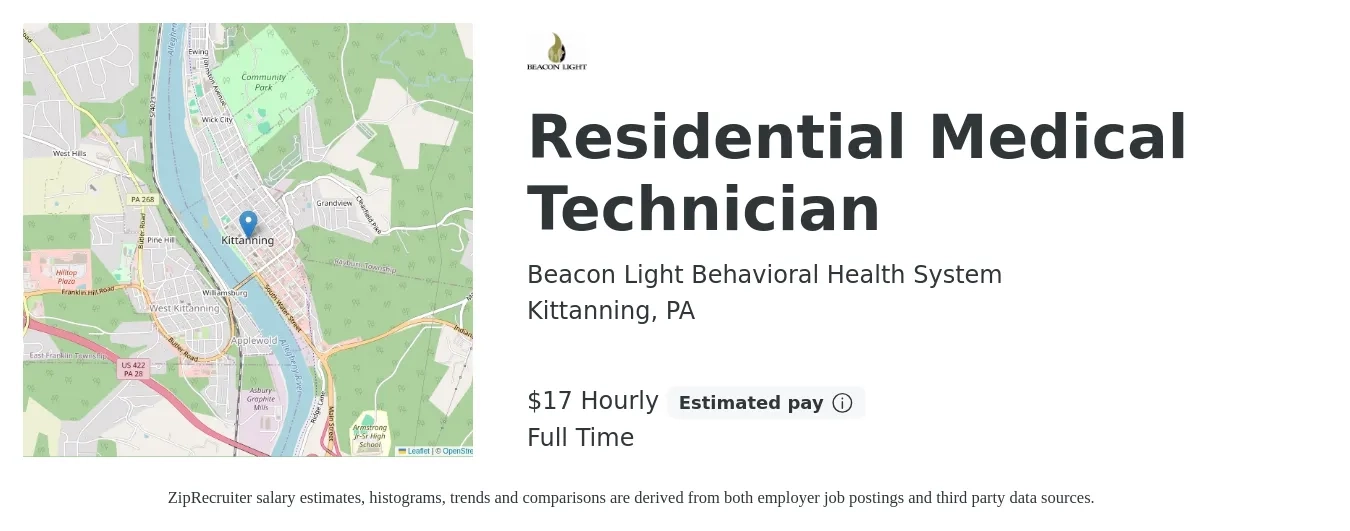 Beacon Light Behavioral Health System job posting for a Residential Medical Technician in Kittanning, PA with a salary of $18 Hourly with a map of Kittanning location.