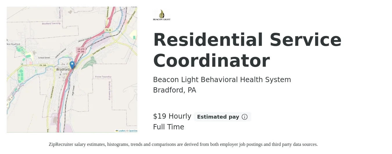 Beacon Light Behavioral Health System job posting for a Residential Service Coordinator in Bradford, PA with a salary of $20 Hourly with a map of Bradford location.